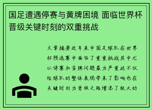 国足遭遇停赛与黄牌困境 面临世界杯晋级关键时刻的双重挑战