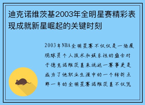 迪克诺维茨基2003年全明星赛精彩表现成就新星崛起的关键时刻